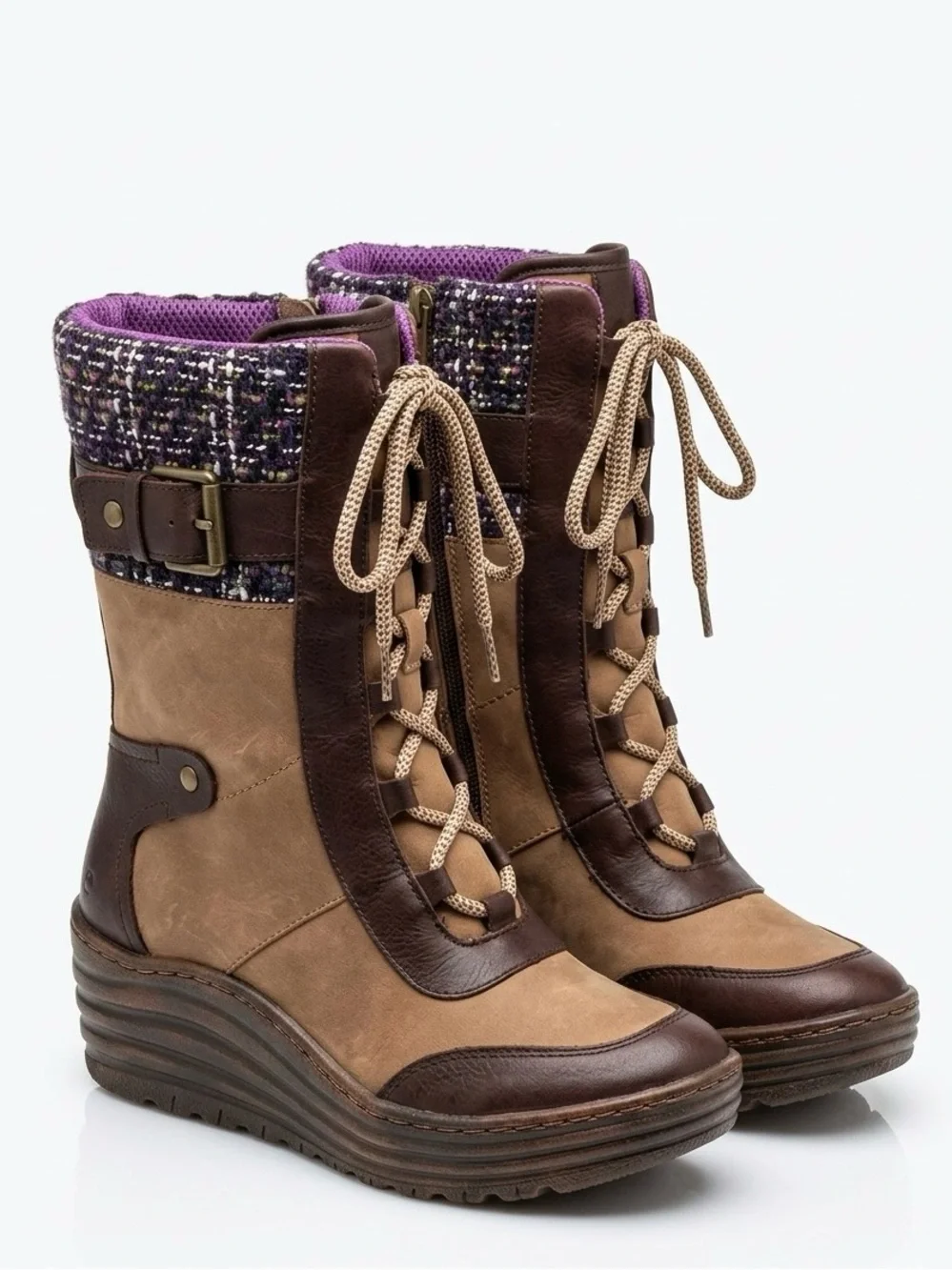 BIONICA Garland Brown Leather Purple Tweed Wedge Snow Boot 6.5 Gorpcore